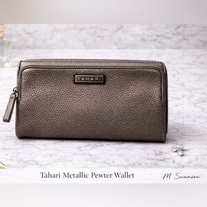 Tahari Metallic Pewter Zip-Around Clutch Wallet – Pebbled Leather
